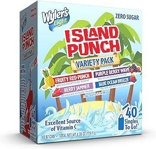 Wyler's Light Island Punch Singles to Go, Variety Pack, Fruity Red Punch, Purple Berry Wave, Berry Jammer and Blue Ocean Breeze, 1 Box (40 Single Servings)