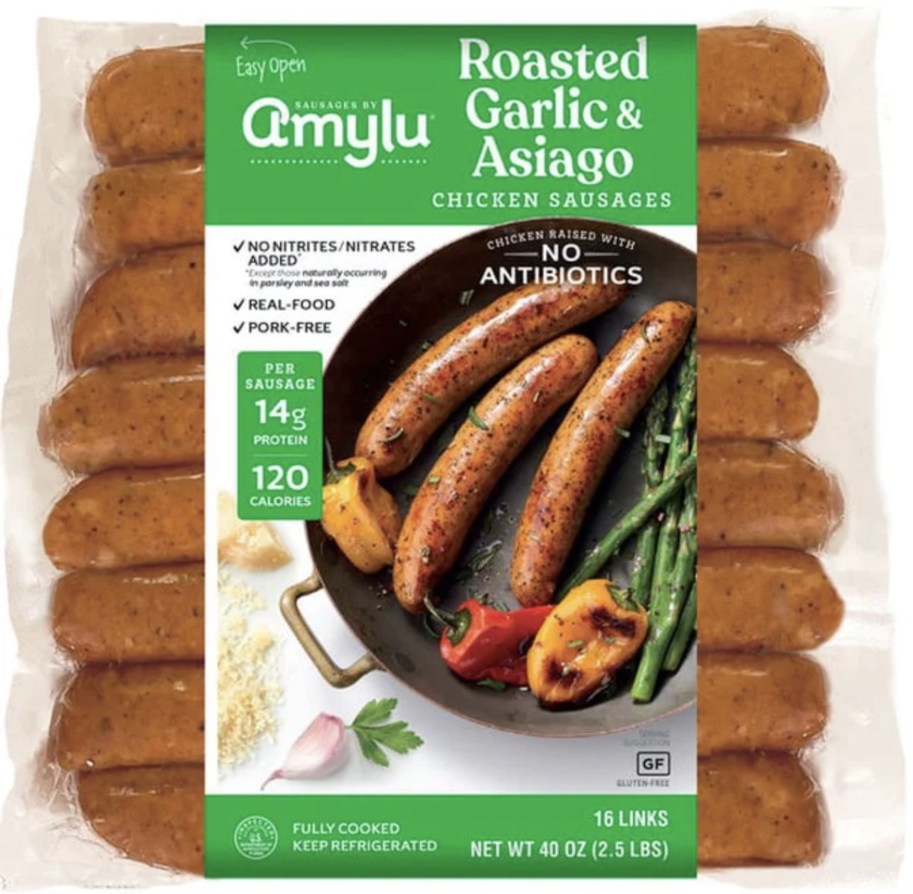 AmyLu Pork Free Roasted Garlic & Asiago Sausages- 40 oz