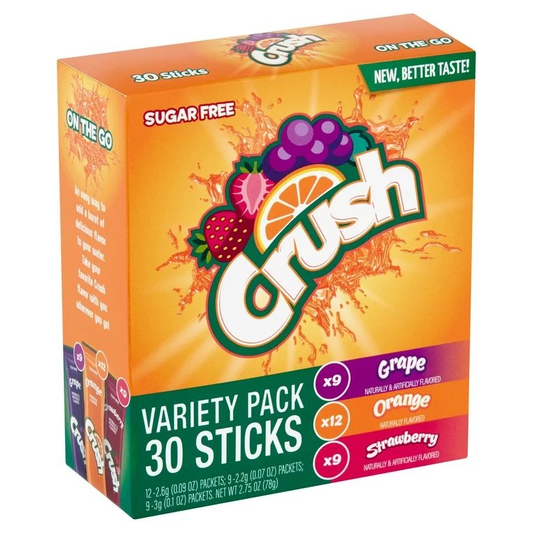 Crush Sugar Free Grape Orange Strawberry On the go Drink mix Variety Pack - 30 ct