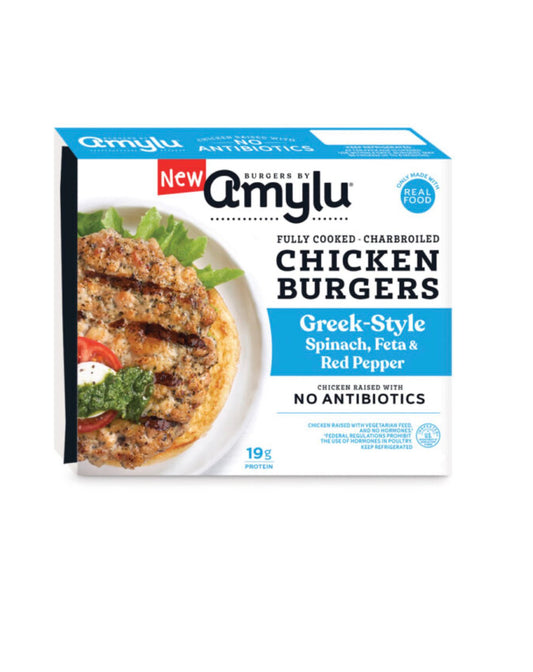 AmyLu Chicken Burgers Greek-Style Spinach, Feta & Red Pepper -10 ct 2.5 lbs